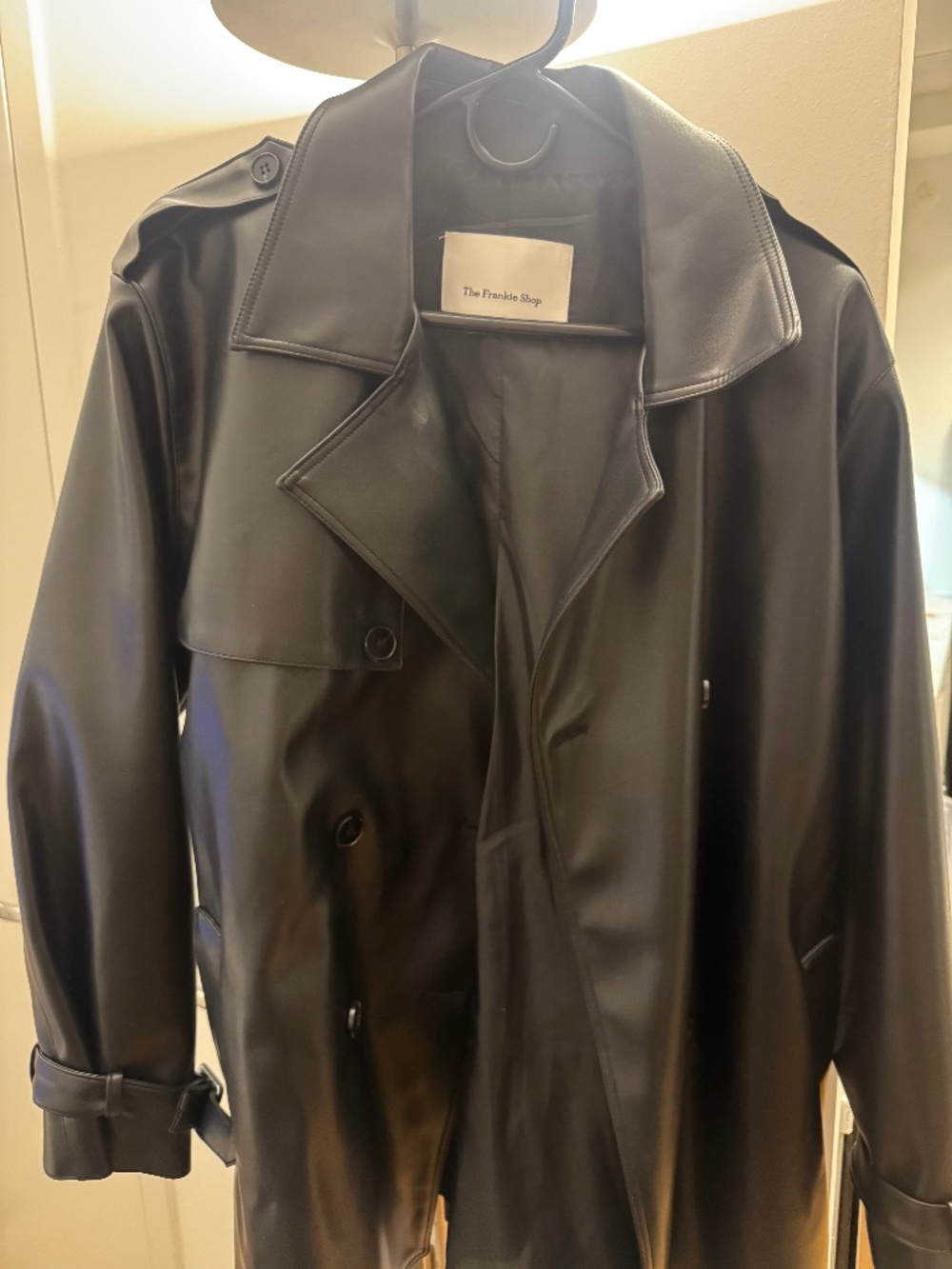 The Frankie Shop black faux leather short trench coat